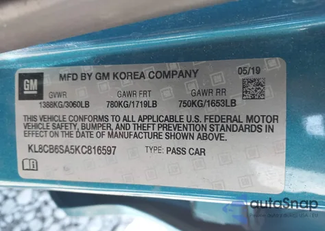 2019 Chevrolet Spark Ls Cvt из США, поврежденный, VIN KL8CB6SA5KC816597